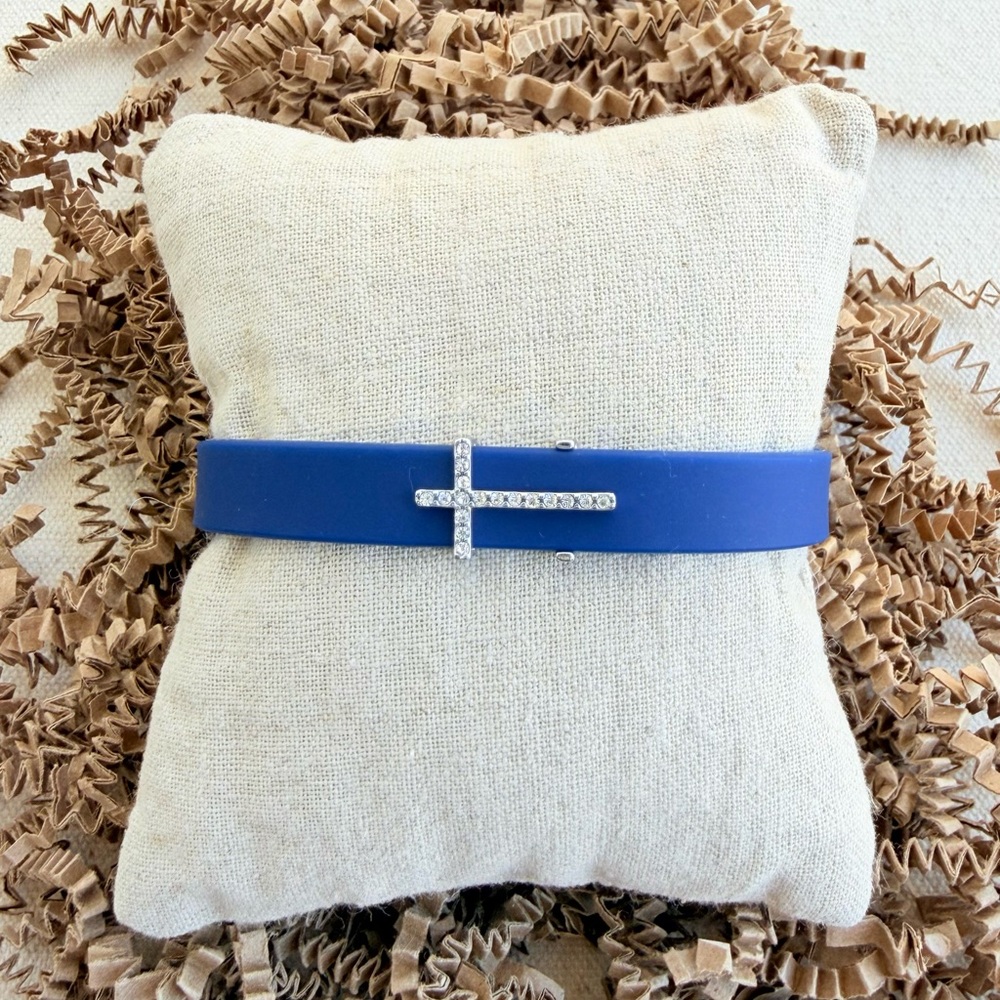 *Pave Silver Cross Charm Bracelet Set* KEEP COLLECTIVE Retired Navy Silicone